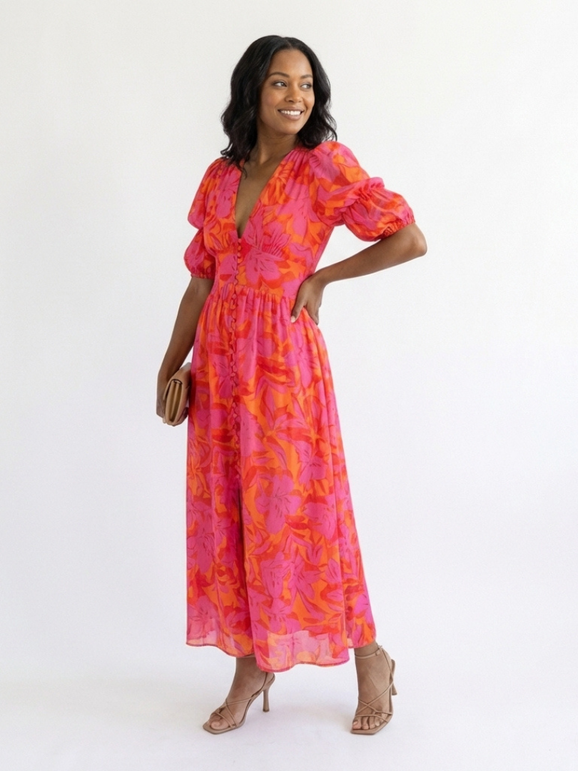 Willow - Florales V-Ausschnitt Midi Kleid mit Puffärmeln