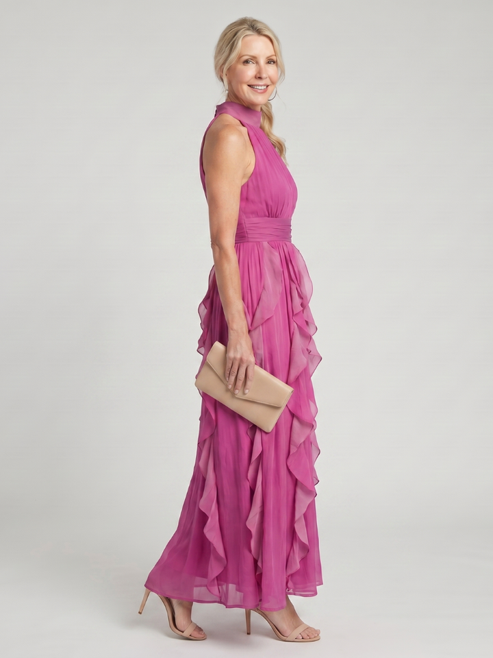 Orea - Maxikleid mit hohem Hals und gerafften Rüschenschichten