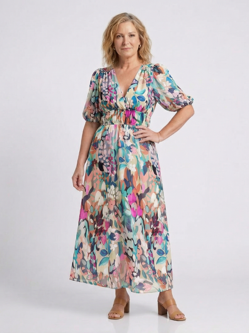 Eulalie - V-Ausschnitt Kurzarm Kleid mit gerafftem Taillenbereich Midi