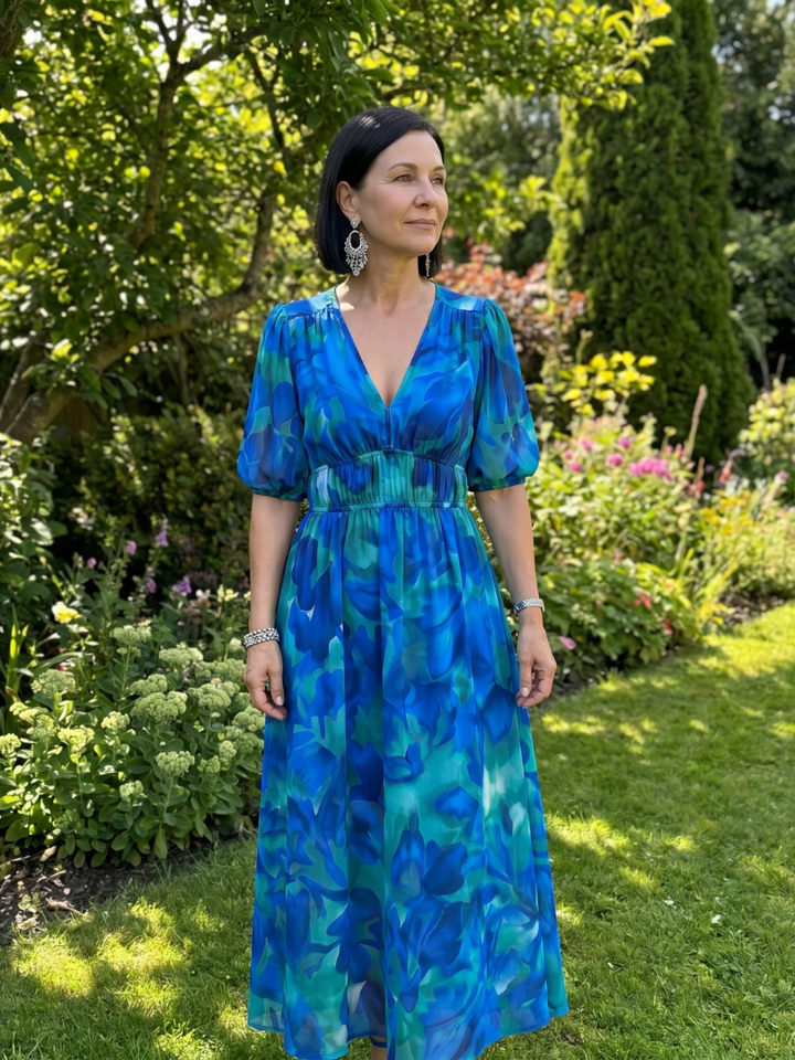 Candlia - Puffärmel V-Ausschnitt Midi Kleid mit abstraktem Druck