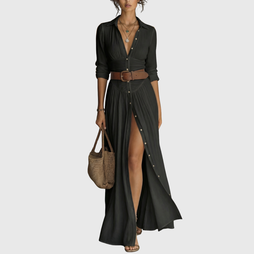 Wendy - Langes Maxi-Leinenkleid mit eingekerbtem Kragen und langen