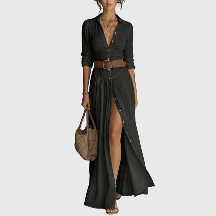 Wendy - Langes Maxi-Leinenkleid mit eingekerbtem Kragen und langen