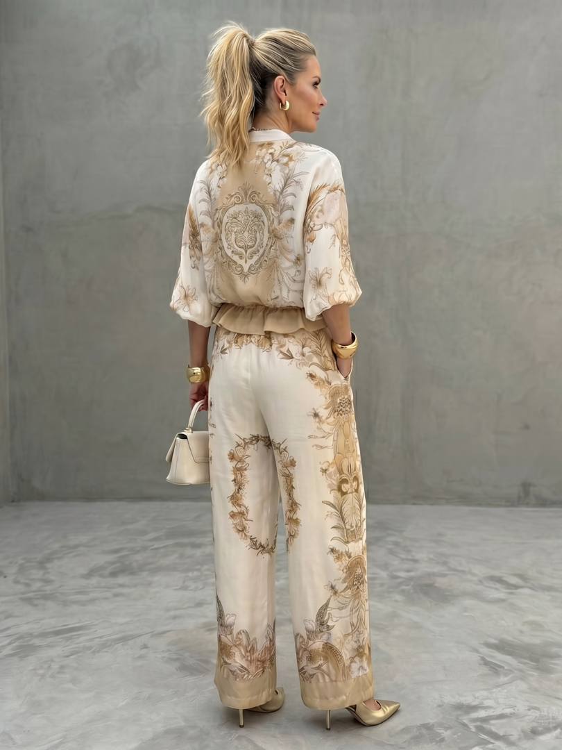 Indie - Zip-Front Blouson Top Bedrucktes Zweiteiliges Set