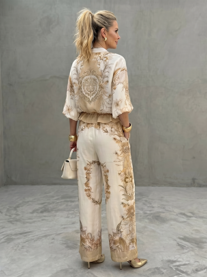 Indie - Zip-Front Blouson Top Bedrucktes Zweiteiliges Set