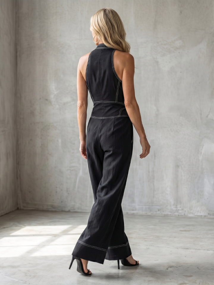 Dara - Zip-Front Kontraststich Weitbein-Jumpsuit