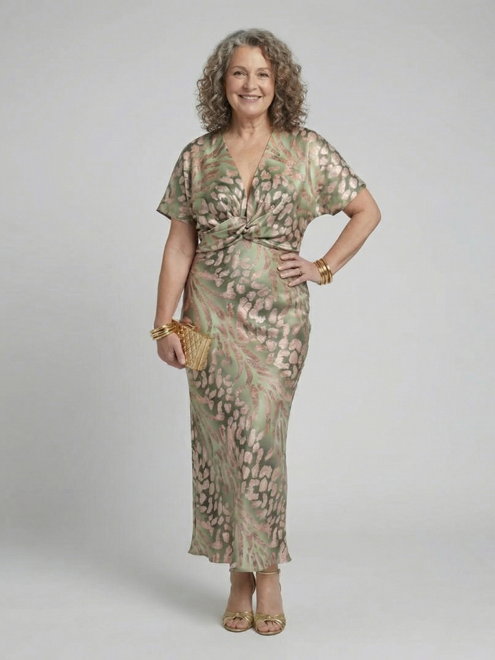Coralie - Abstrakter Druck V-Ausschnitt Wickel Taille Midi Kleid
