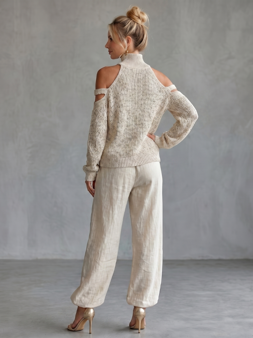 Questa - Offene Schulter Stricktop und Weite Hose Set