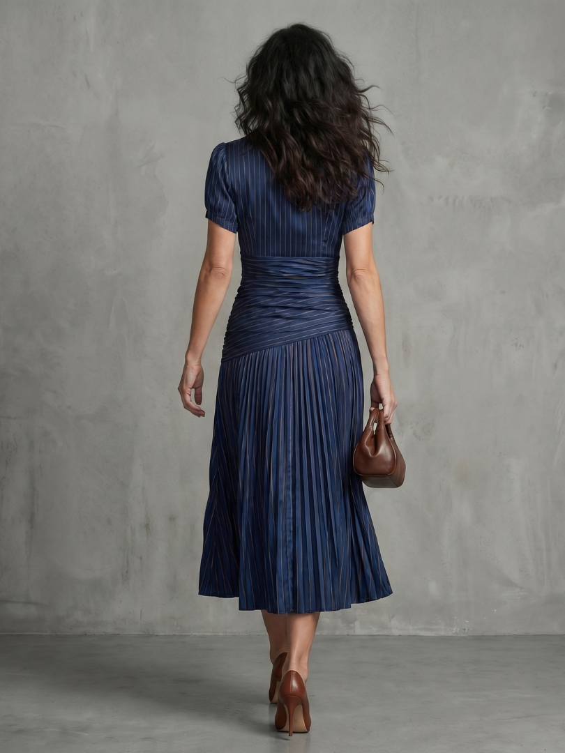Theodora - Plissierter Taillenstreifen Midi-Kleid