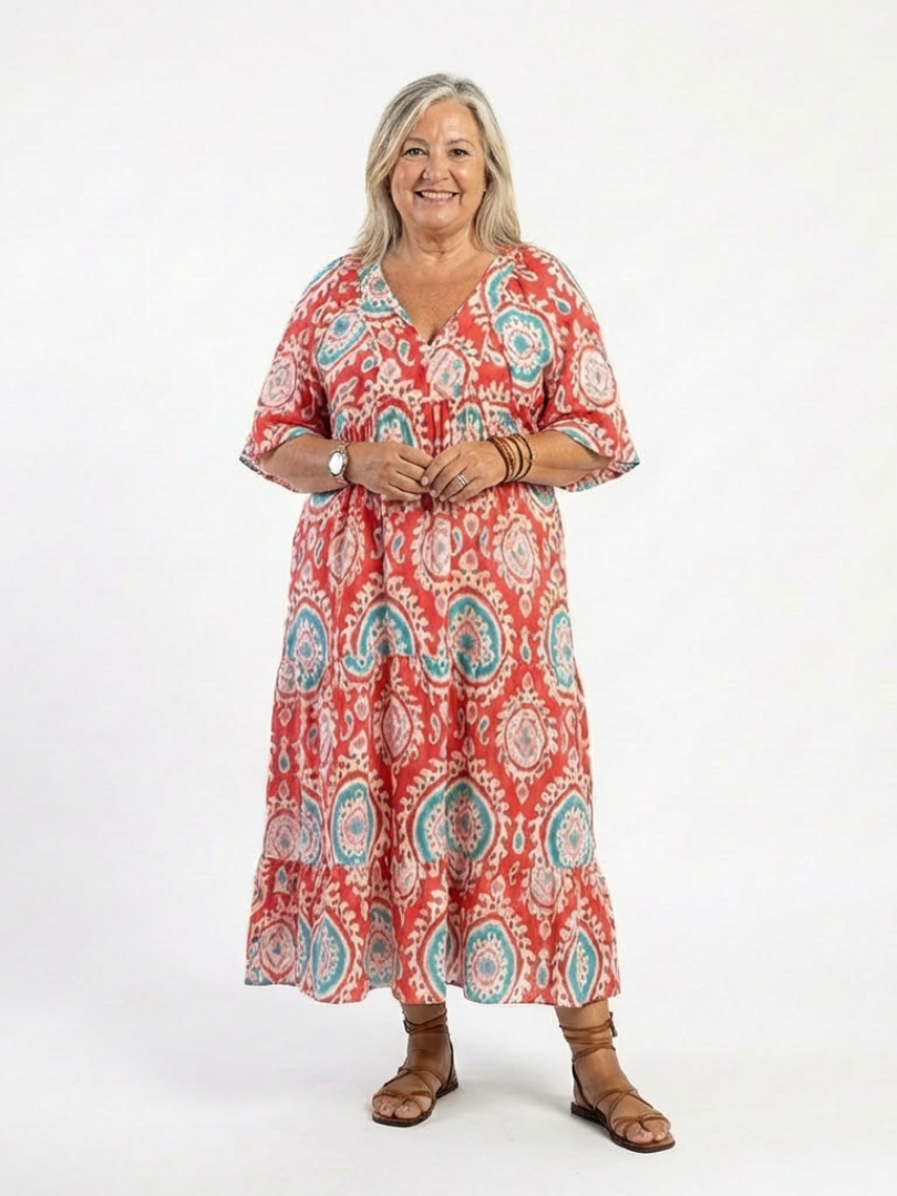 Zaria - Paisley-Druck V-Ausschnitt Kurzarm Midi-Kleid