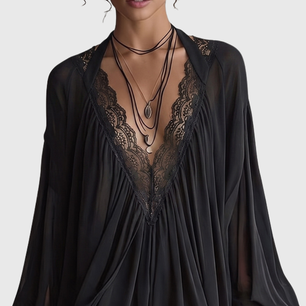 Beverly - Damen Boho Mini-Kleid aus schwarzem Chiffon
