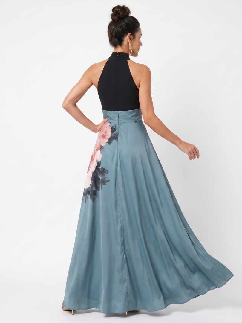 Olympas - Halter-Bodice Floral Rock Maxi Kleid
