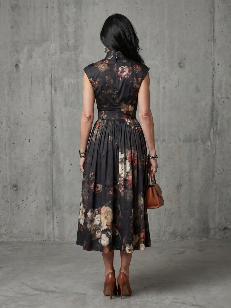 Greta - Hochgeschlossenes Schlüssel-Loch Blumengeplissertes Midi-Kleid