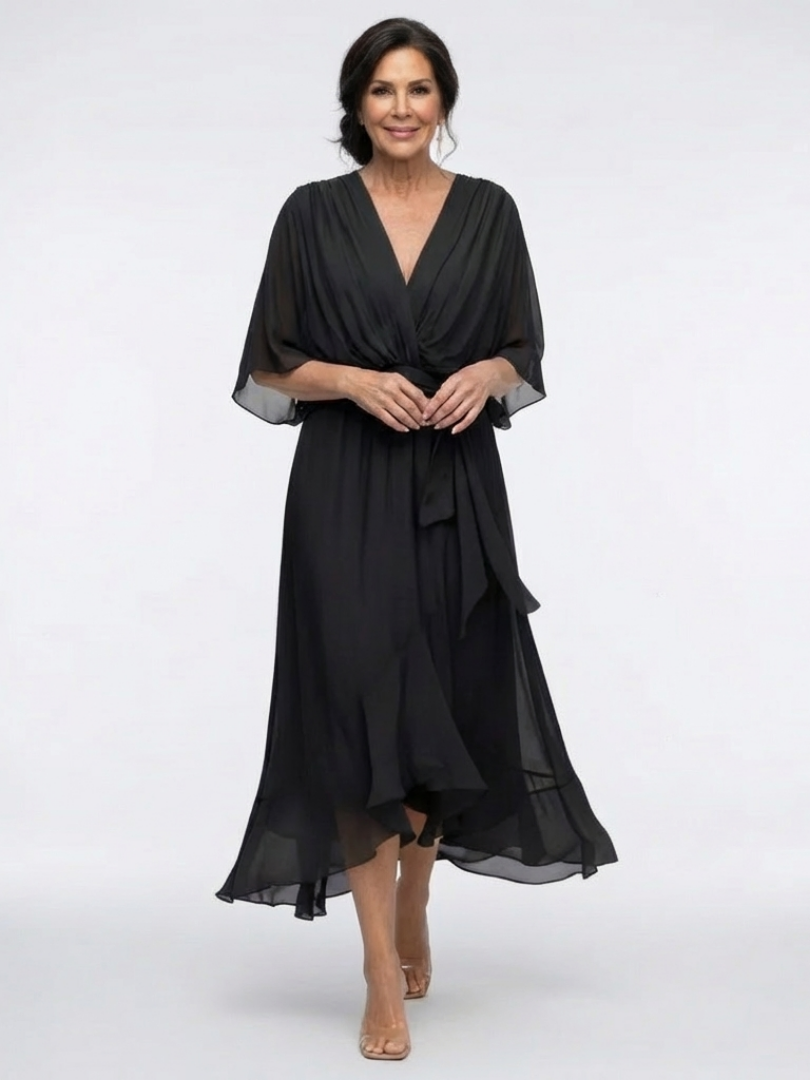 Elysia - V-Ausschnitt Drapiertes Taillenband Midi-Kleid