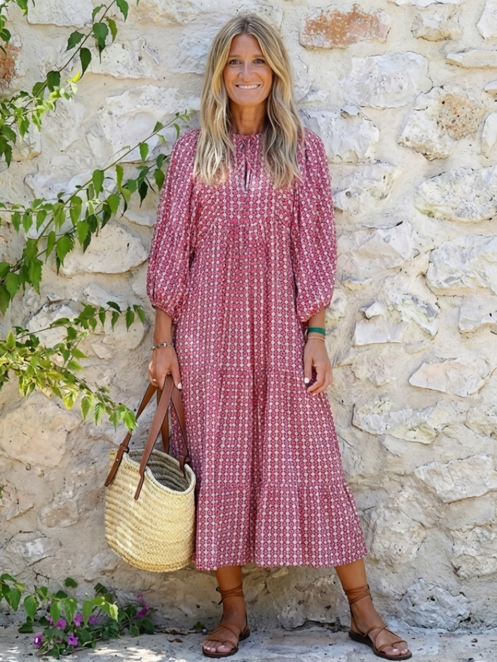Arlette - Geometrisches Druck Langarm Midi Kleid