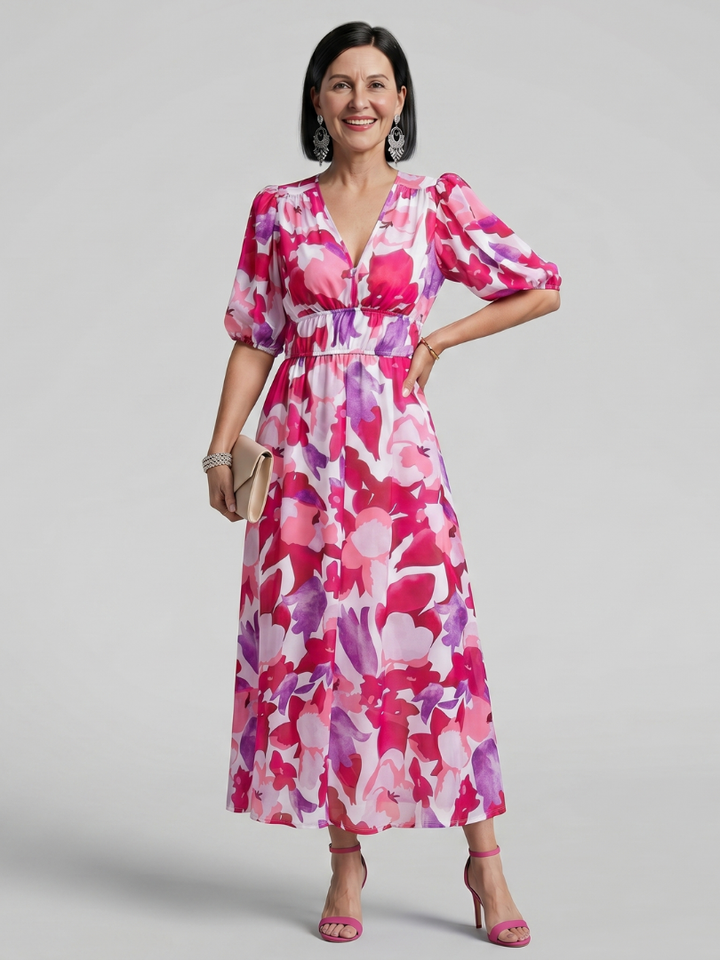Candlia - Puffärmel V-Ausschnitt Midi Kleid mit abstraktem Druck