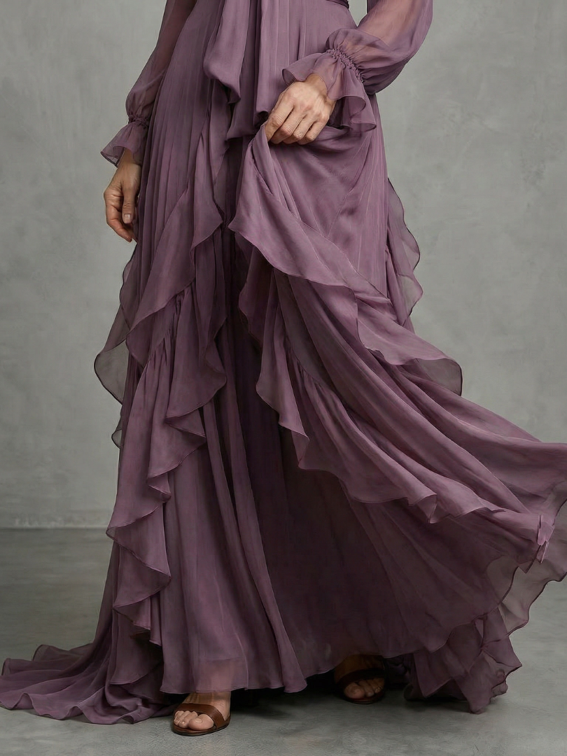 Demetria - Maxikleid mit Rüschendetails und gebundenem Kragen