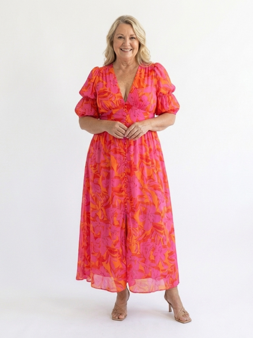 Willow - Florales V-Ausschnitt Midi Kleid mit Puffärmeln