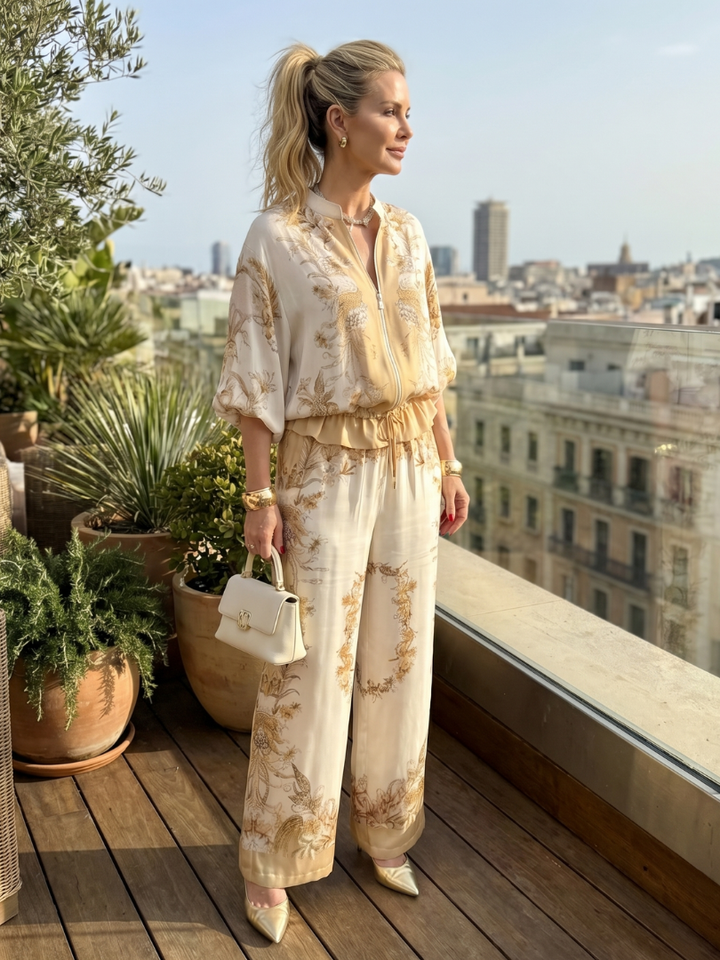 Indie - Zip-Front Blouson Top Bedrucktes Zweiteiliges Set