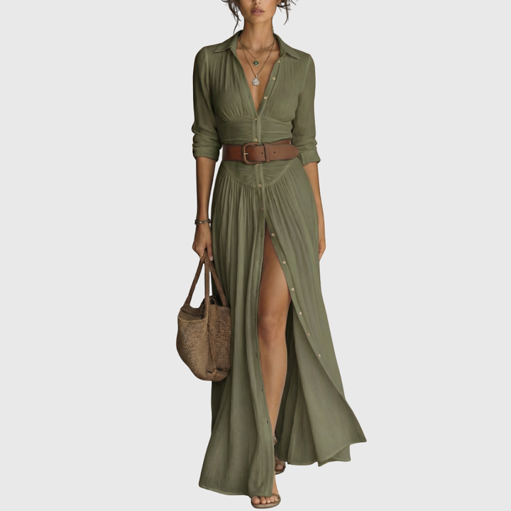 Wendy - Langes Maxi-Leinenkleid mit eingekerbtem Kragen und langen