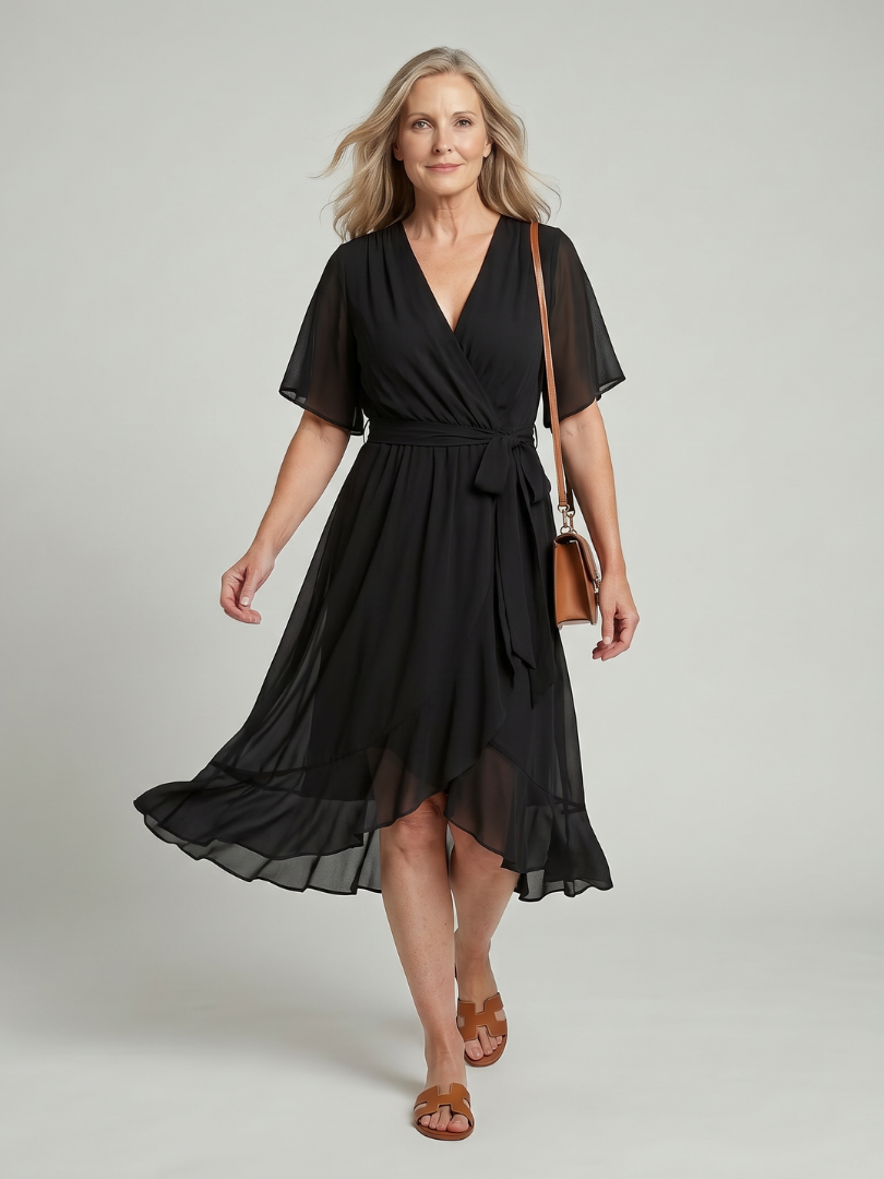 Keziah - Midi-Kleid mit kurzen Ärmeln und fliessendem Saum
