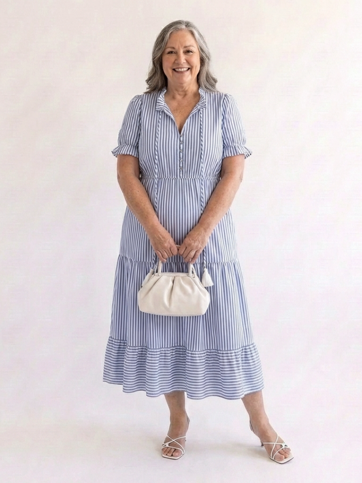 Dakota - Kurzärmeliges gestreiftes, geschichtetes Midikleid