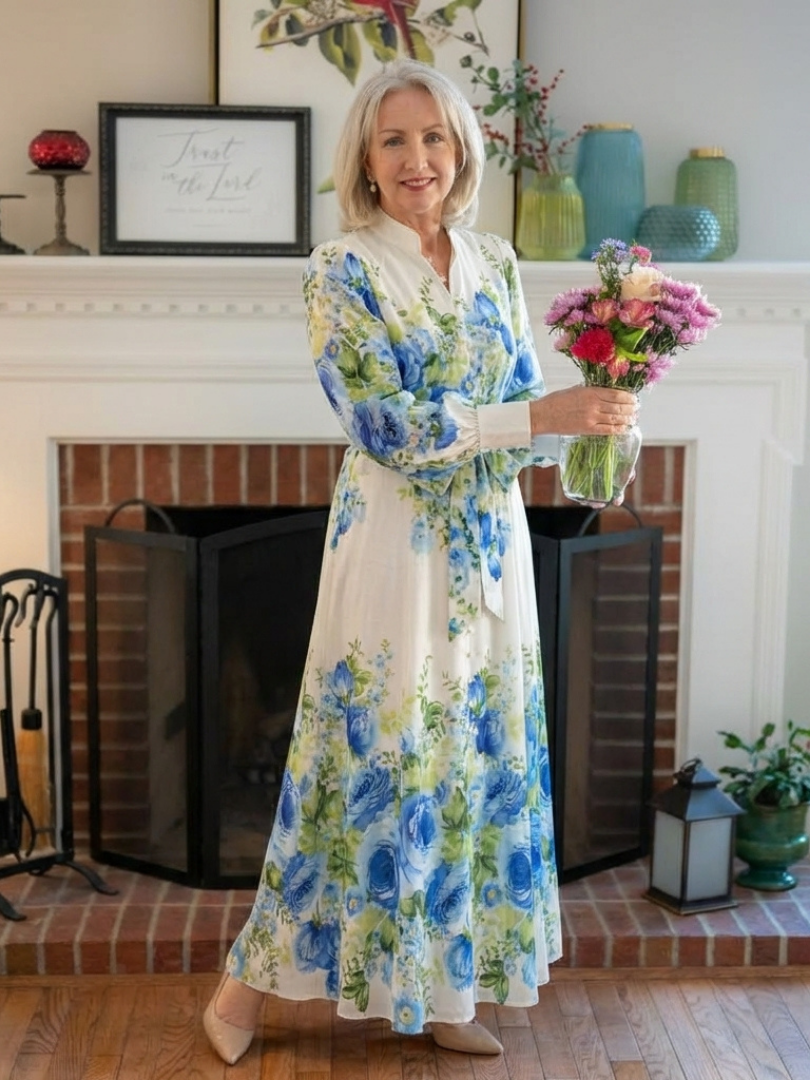 Harper - Langärmliges Blumenknopf-Front-Maxikleid