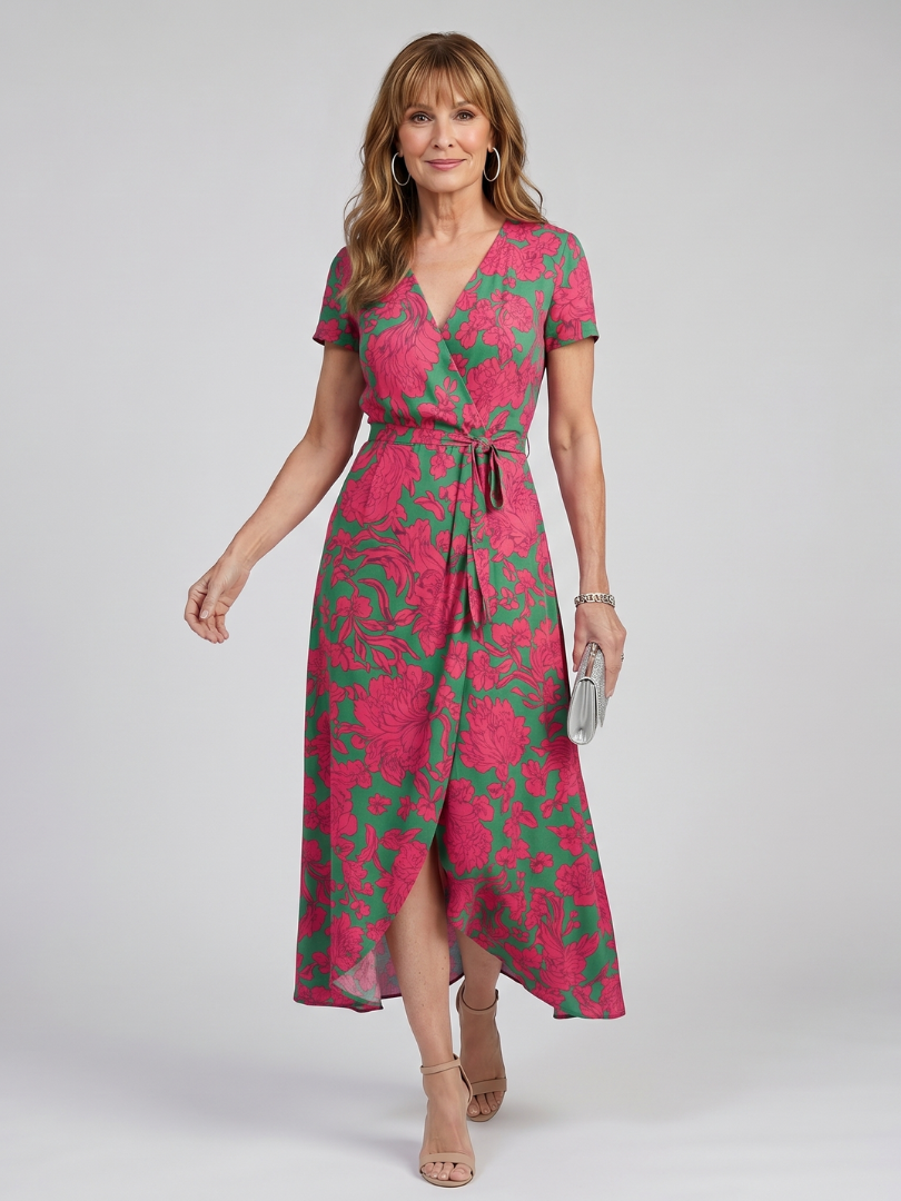 Priya - Kurzärmliges, florales Wickel-Midikleid