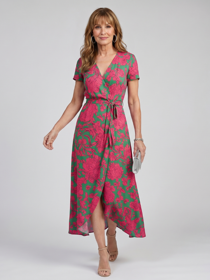 Priya - Kurzärmliges, florales Wickel-Midikleid