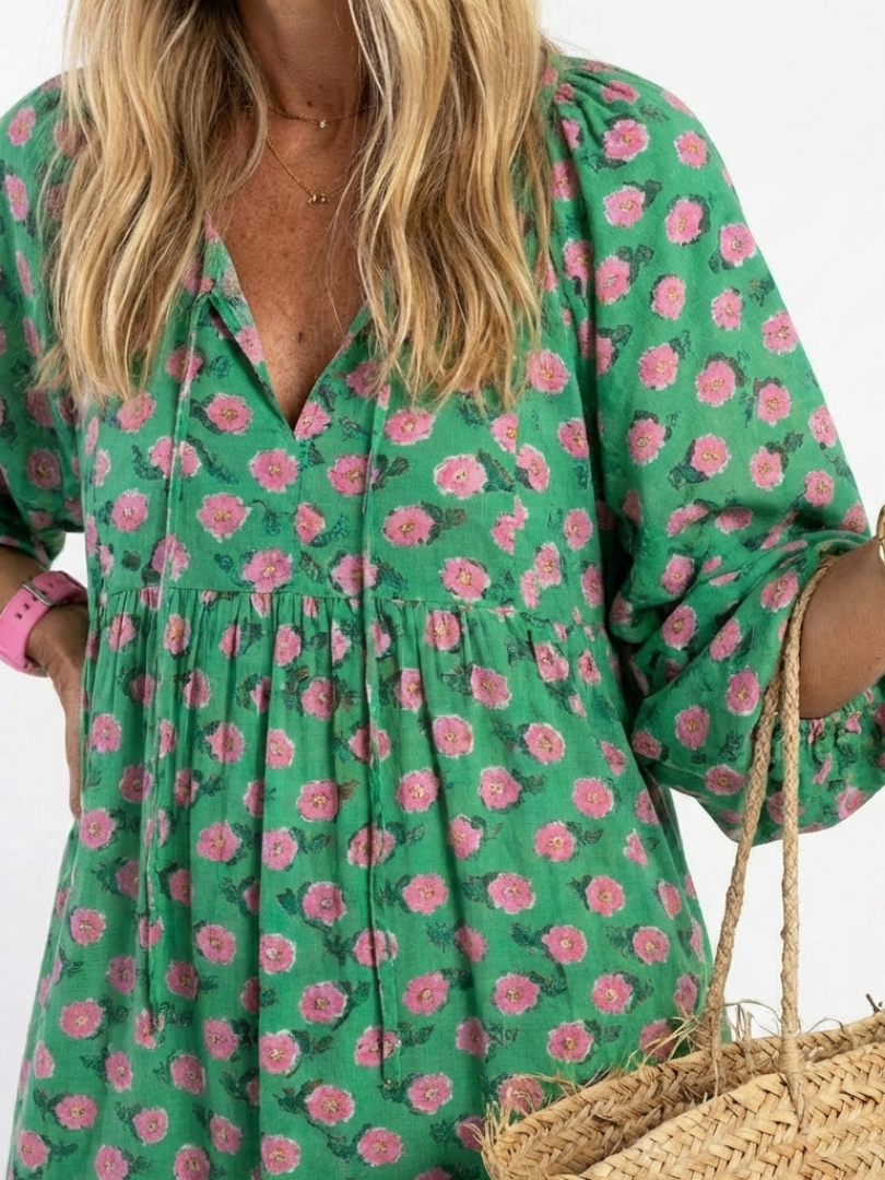 Fiora - Floral Print V-Ausschnitt Schicht Midi Kleid