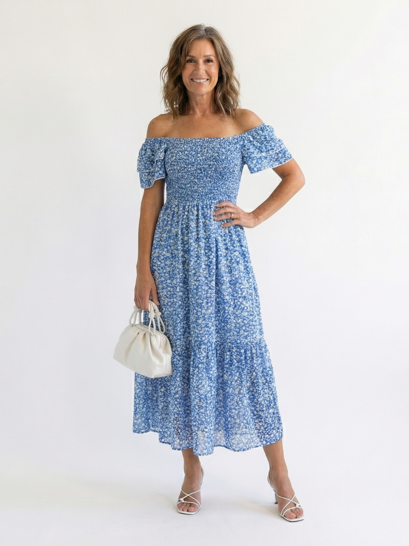 Odette - Off-Shoulder Blumen Smocked Midi Kleid