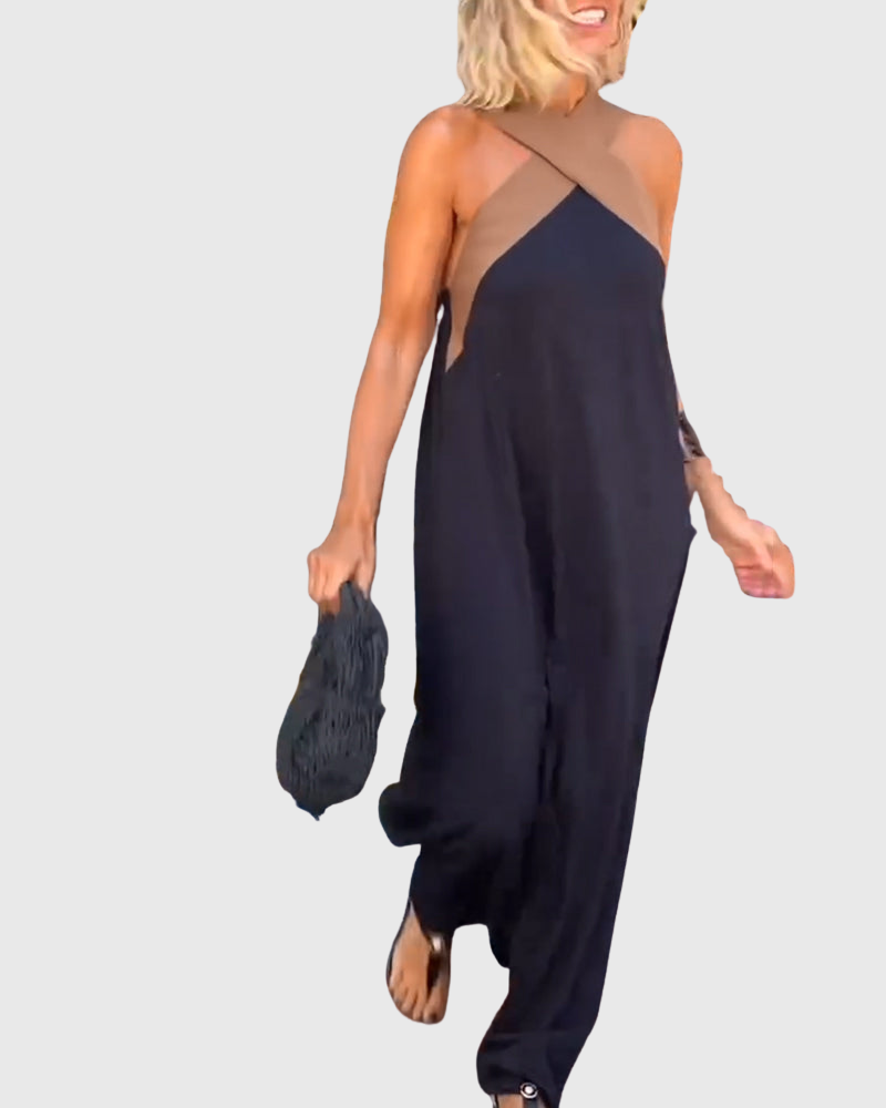 Cassy - Elegantes Crossover Halter Maxikleid Leichtes Schwarz
