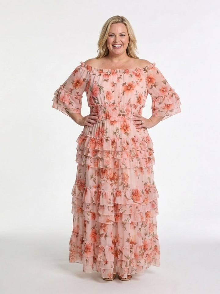 Rosalie - Off-Shoulder Floral Ruffle Tiered Maxi-Kleid