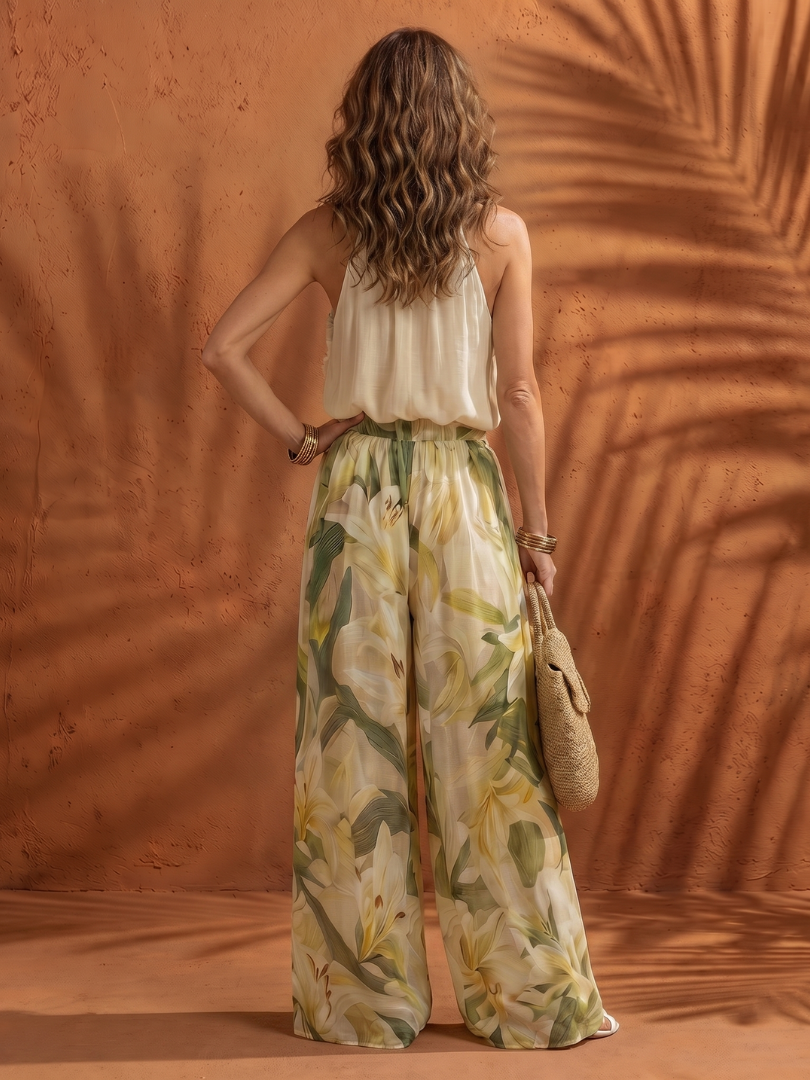 Solange - Halter Neck Bluse Floral Weite Hose Set