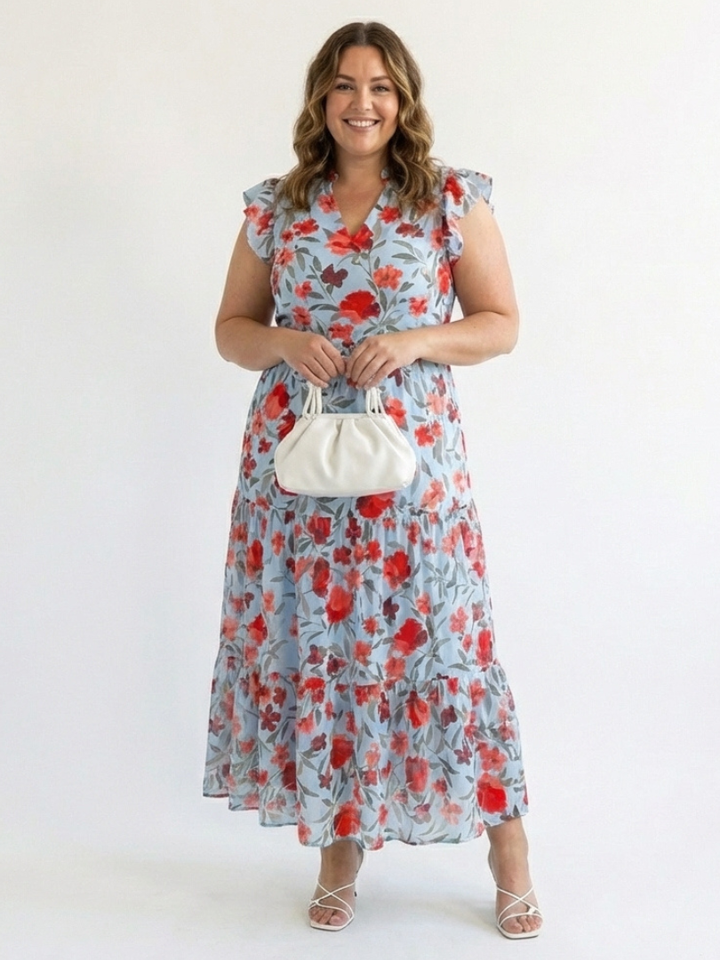 Lila - Floral V-Ausschnitt Schichten Midi Kleid