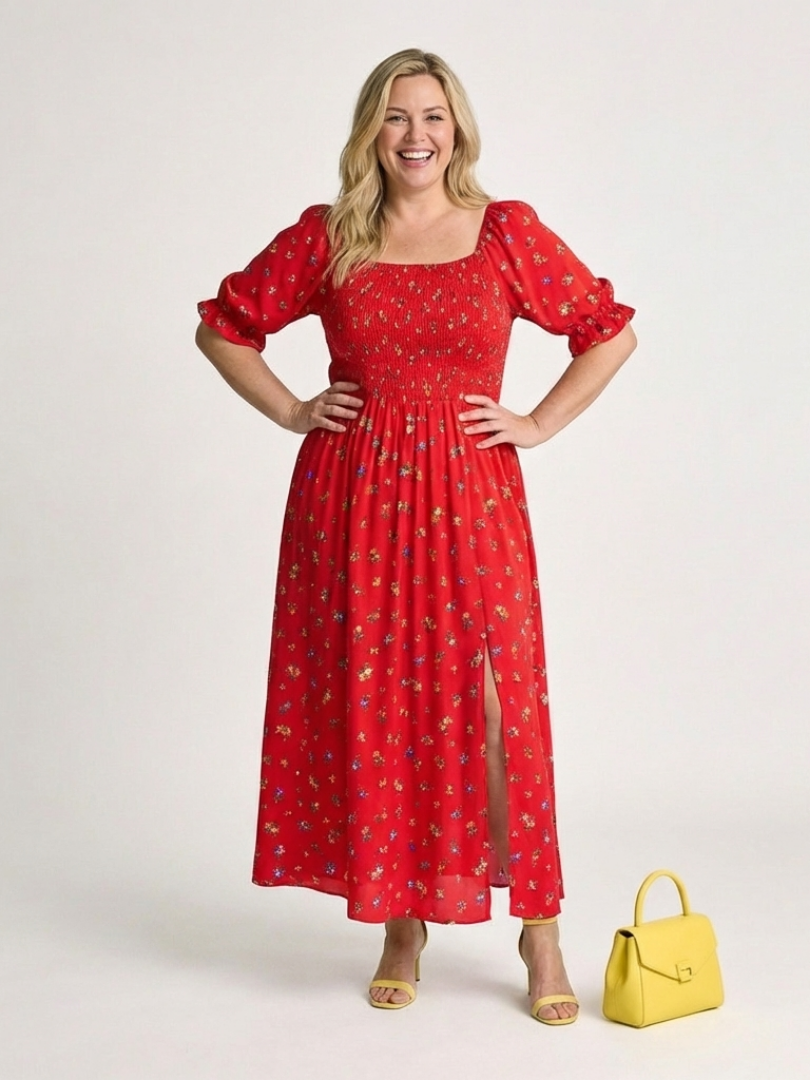 Delphine - Midi-Kleid mit quadratischem Ausschnitt und Blumenmuster