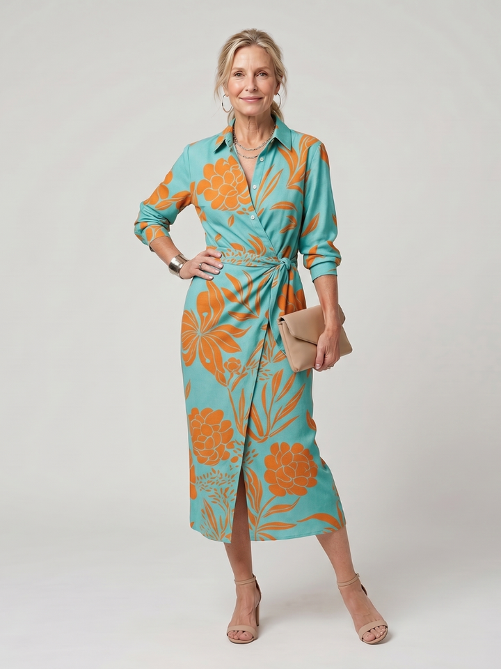 Leya - Midi-Kleid mit langen Ärmeln und Kragen im Streifenmuster