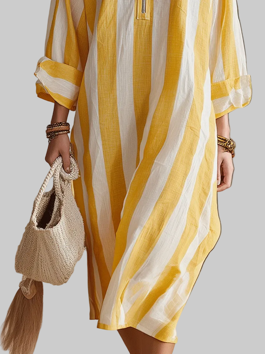 Elowen - Resort Gelb & Weiss Gestreiftes Midi-Kleid