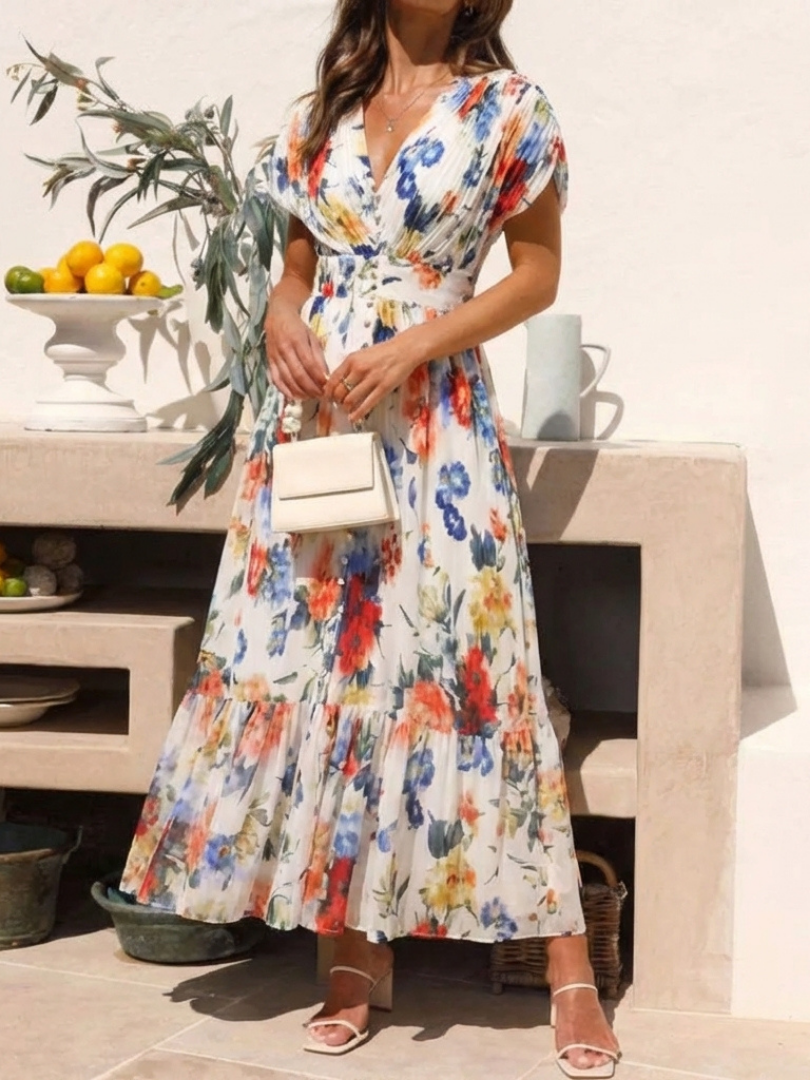 Savannah - Kurzärmliges, gefaltetes, florales Midikleid