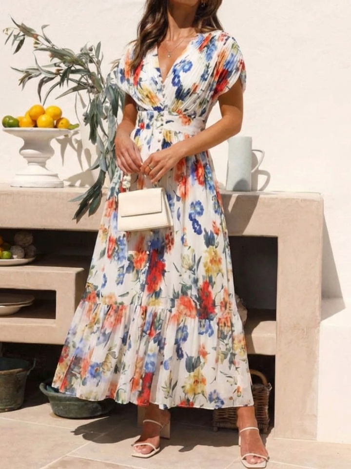 Savannah - Kurzärmliges, gefaltetes, florales Midikleid