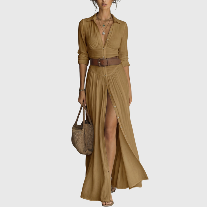 Wendy - Langes Maxi-Leinenkleid mit eingekerbtem Kragen und langen