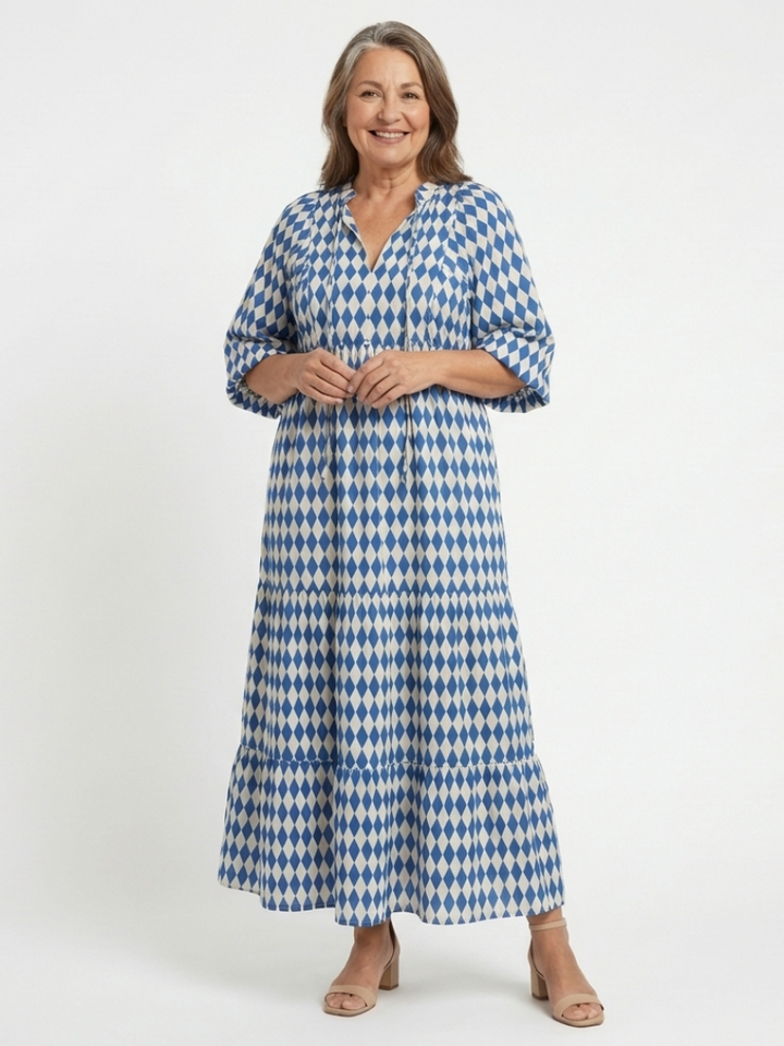 Elodie - Diamantmuster gestuftes Midi-Kleid