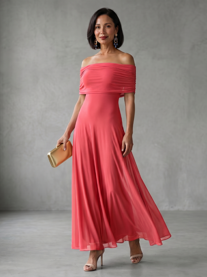 Juni - Off-Shoulder Drapiertes Midi-Kleid