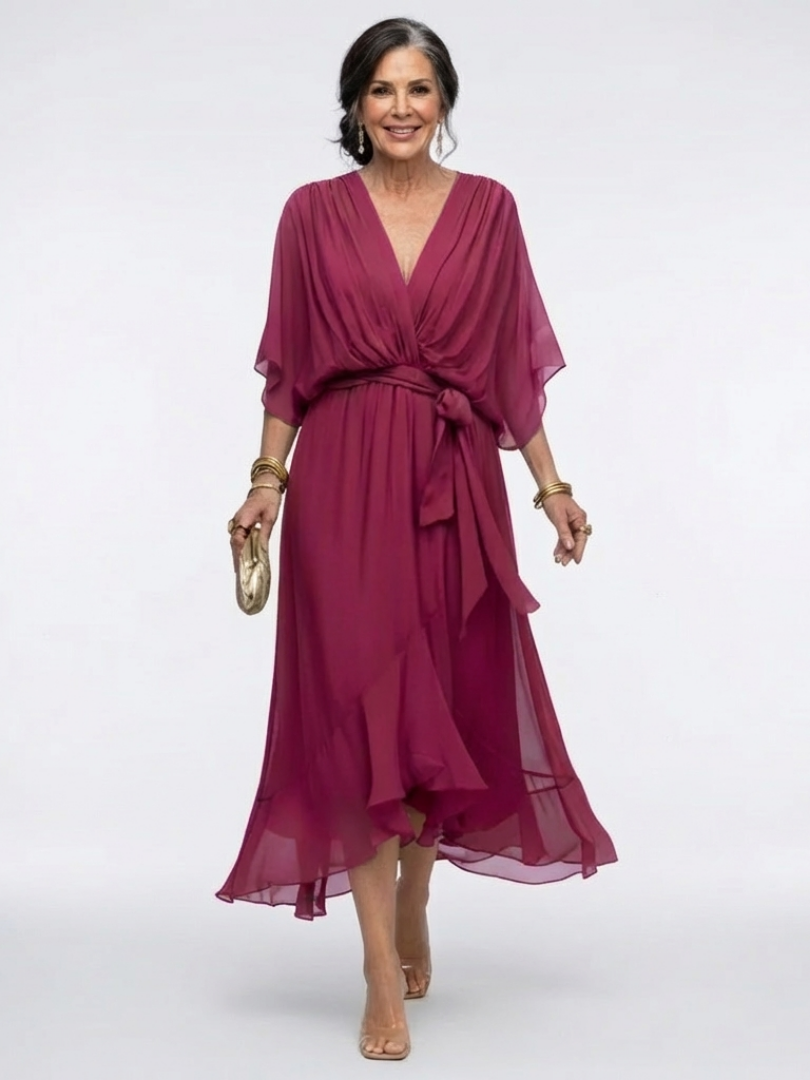 Elysia - V-Ausschnitt Drapiertes Taillenband Midi-Kleid