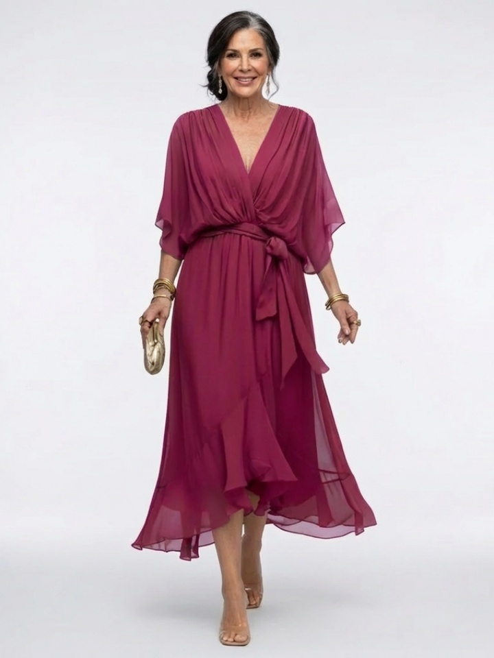 Elysia - V-Ausschnitt Drapiertes Taillenband Midi-Kleid