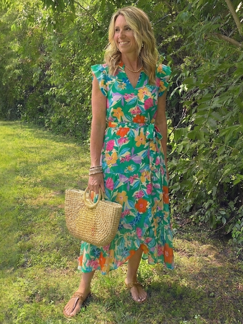 Lila - Floral V-Ausschnitt Schichten Midi Kleid