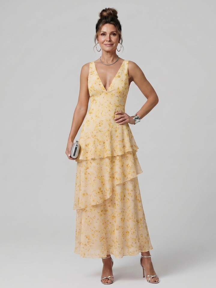 Gala - Tiefer V-Ausschnitt Ärmelloses Midi-Kleid mit malerischem