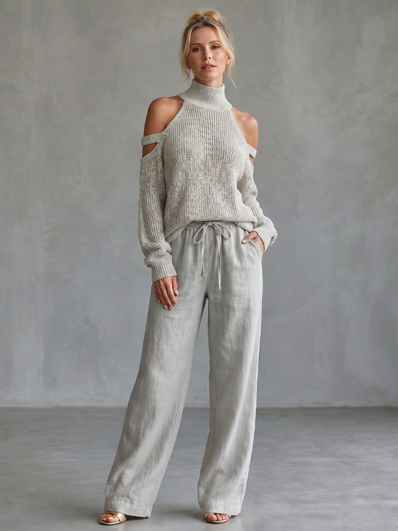 Questa - Offene Schulter Stricktop und Weite Hose Set