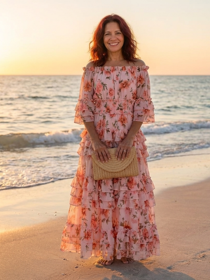 Rosalie - Off-Shoulder Floral Ruffle Tiered Maxi-Kleid