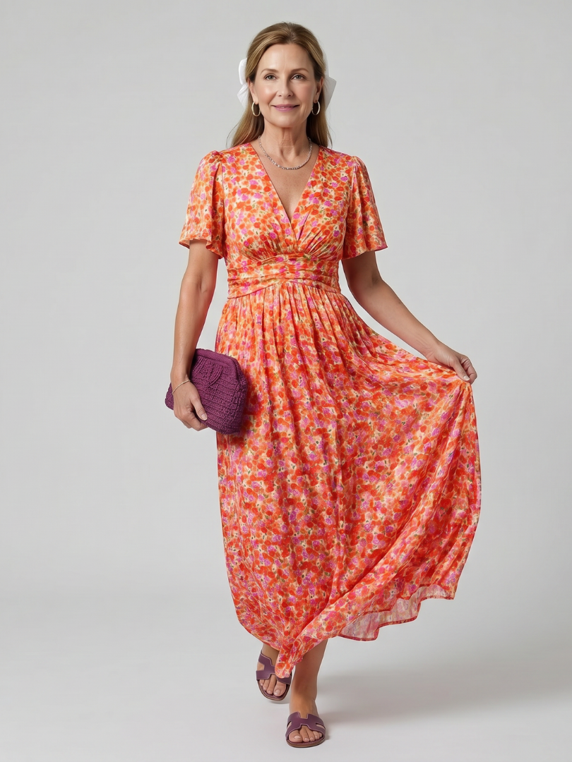 Juna - Kurzarm Ditsy Floral Print Midi Kleid