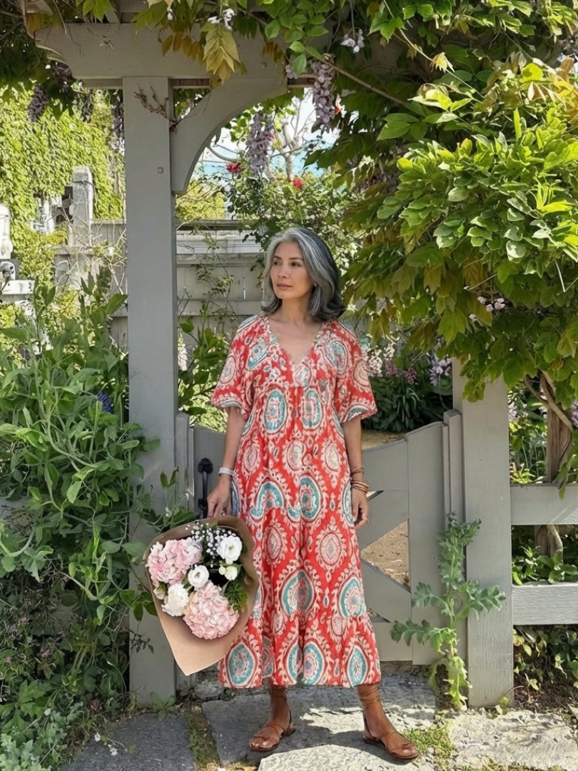 Zaria - Paisley-Druck V-Ausschnitt Kurzarm Midi-Kleid